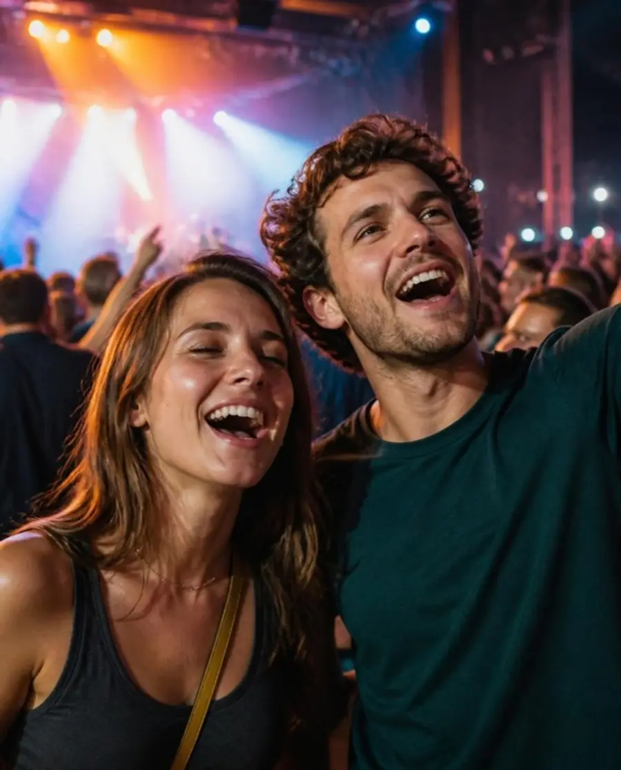 Two friends singing along together in the crowd at a concert