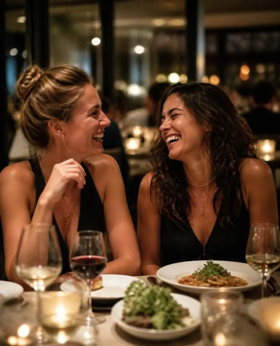 Two friends laughing together over dinner at a restaurant