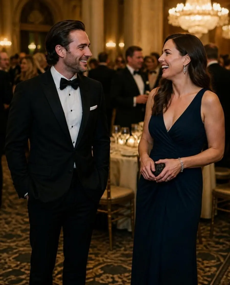 Two friends in black tie talking at a charity gala in a ballroom