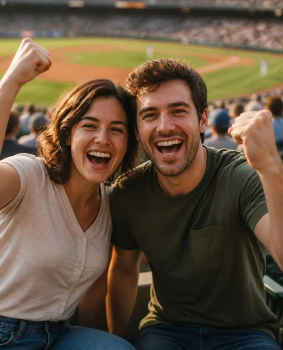 Two friends cheering together in the stands at a ballpark