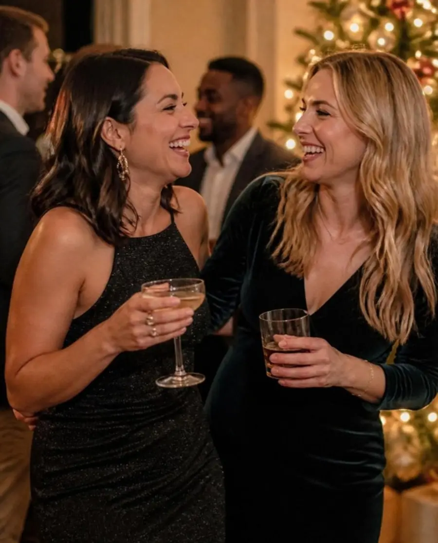 Two friends laughing together at a holiday party
