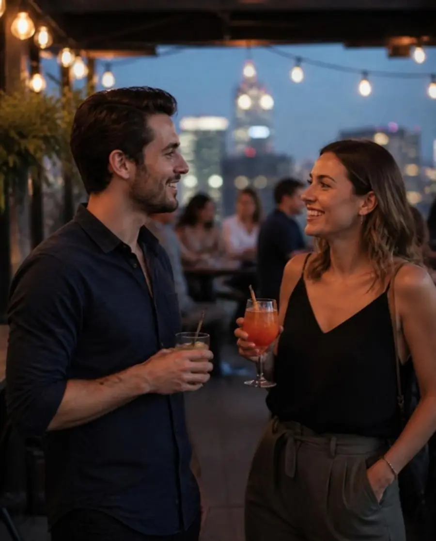 Two friends talking over drinks at a rooftop bar at dusk