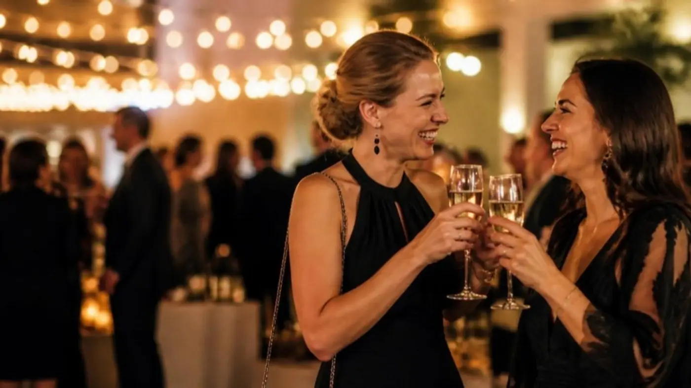 Two friends raising champagne glasses at an evening reception