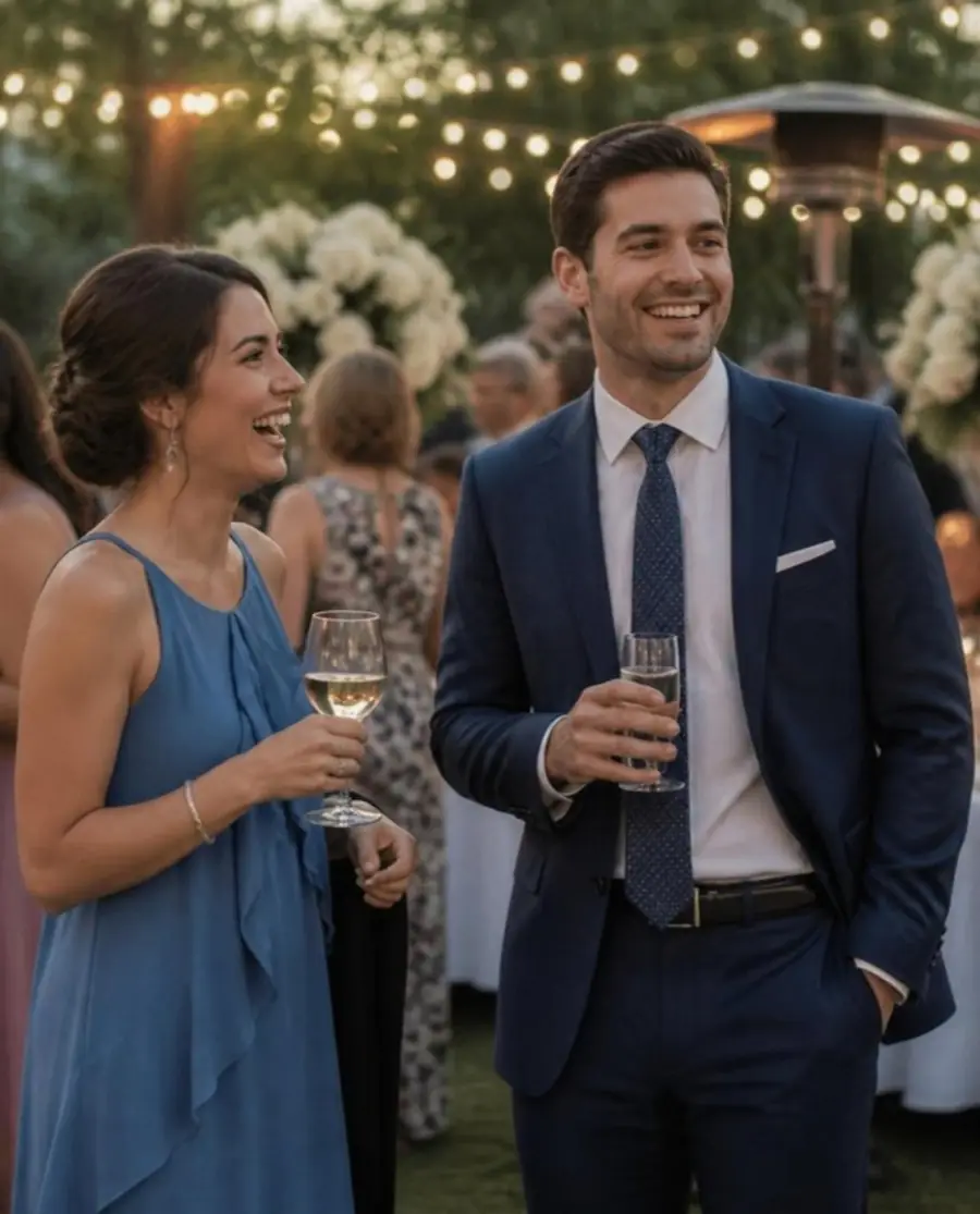 Two friends laughing together as guests at an outdoor wedding reception