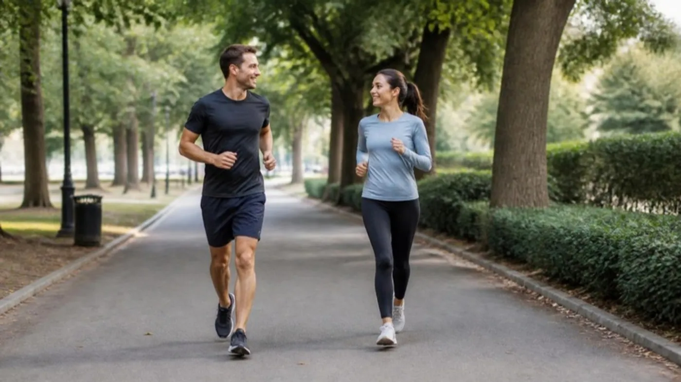 Two friends jogging side by side on a park path in the morning