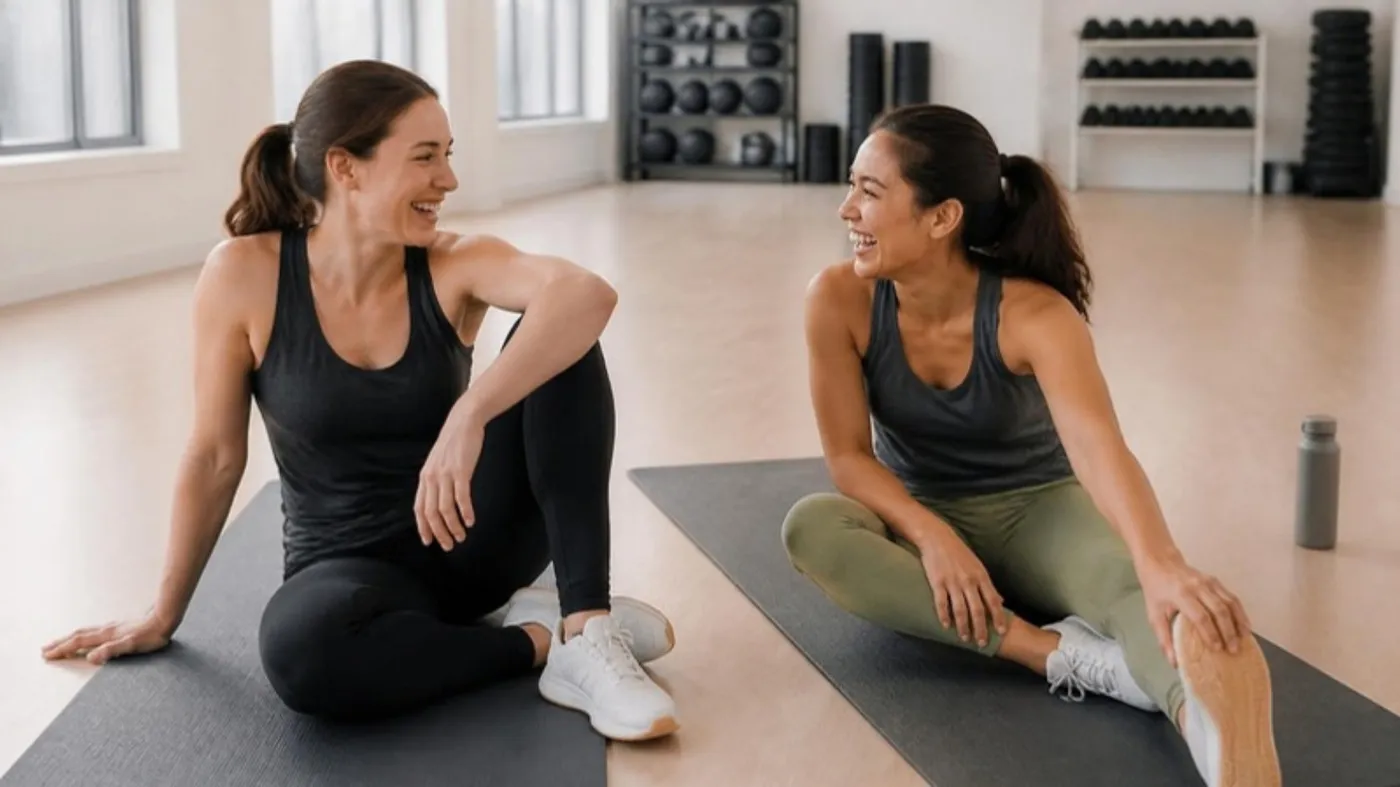 Two friends laughing while stretching on mats after a fitness class